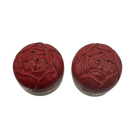 Vintage Rose Bud Compact Salt And Pepper Shakers Red Plastic - Picture 2 of 3